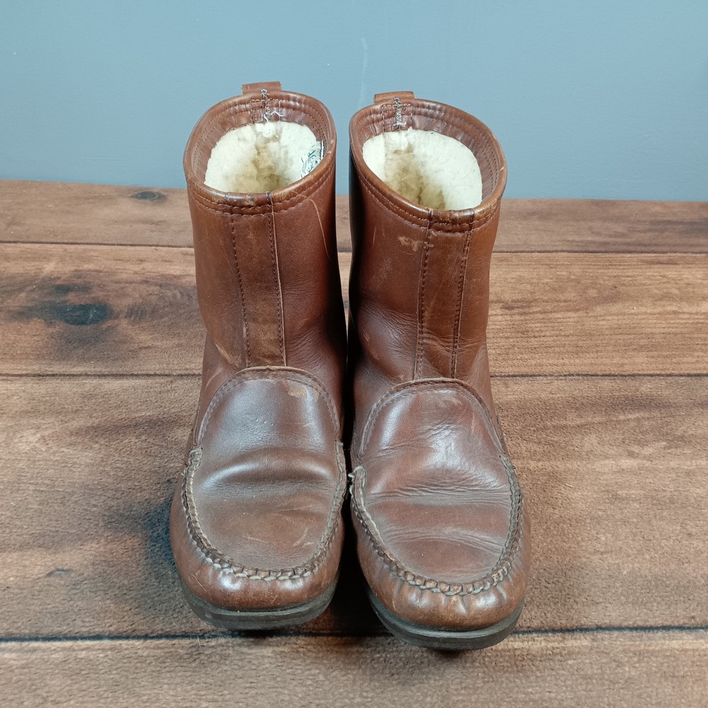L.L. Bean Vintage Brown Leather Shearling Lined Moc Toe Boots Mid Calf Pull On